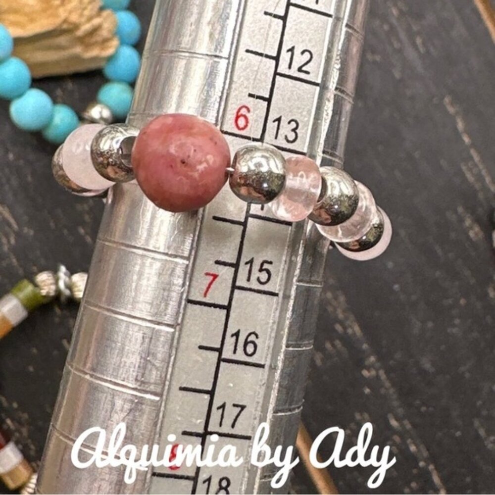 Beaded cherry and pink quartz  gem ring